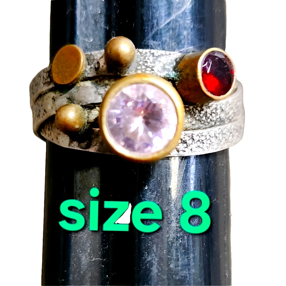 Mid century modern sterling silver ring pink red stones size 8 Vintage